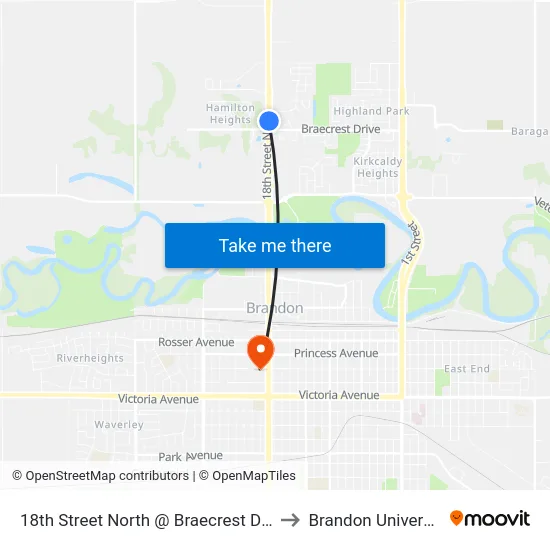 18th Street North @ Braecrest Drive to Brandon University map