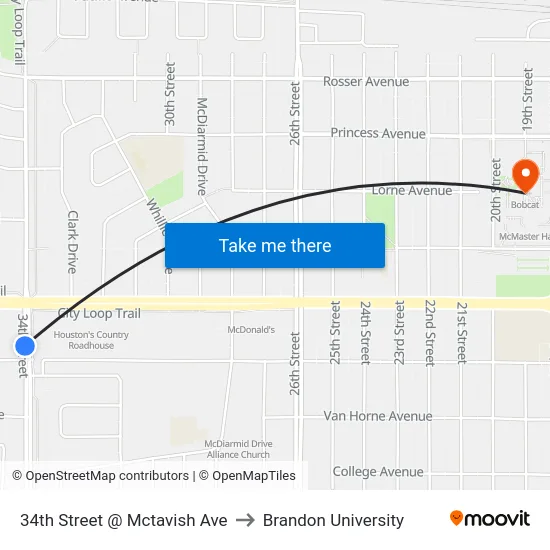 34th Street @ Mctavish Ave to Brandon University map