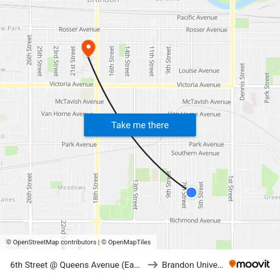 6th Street @ Queens Avenue (East Side) to Brandon University map