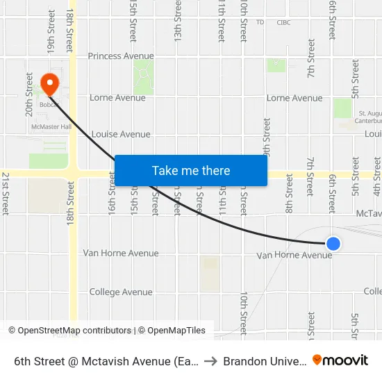 6th Street @ Mctavish Avenue (East Side) to Brandon University map