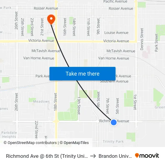 Richmond Ave @ 6th St (Trinity United-South) to Brandon University map