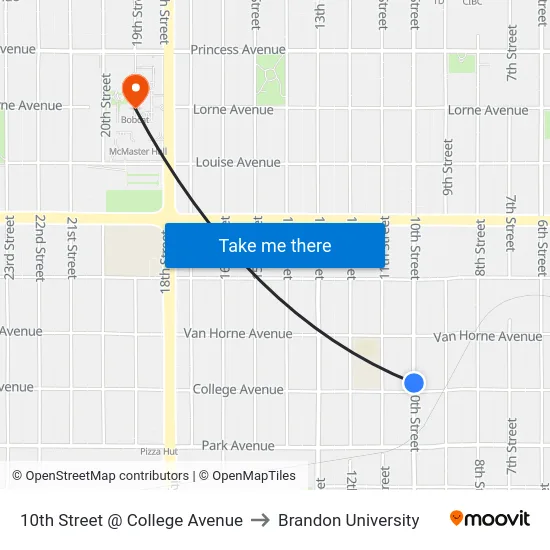 10th Street @ College Avenue to Brandon University map