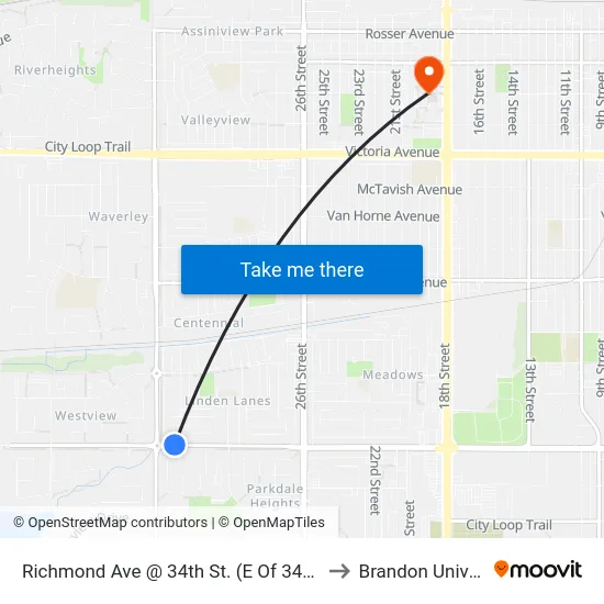 Richmond Ave @ 34th St. (E Of 34th, N Side) to Brandon University map