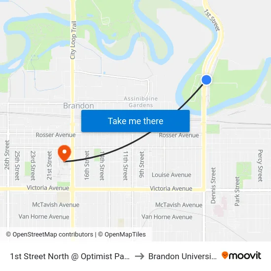 1st Street North @ Optimist Park to Brandon University map