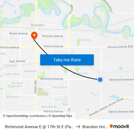Richmond Avenue E @ 17th St E (Pauls Hauling - S) to Brandon University map