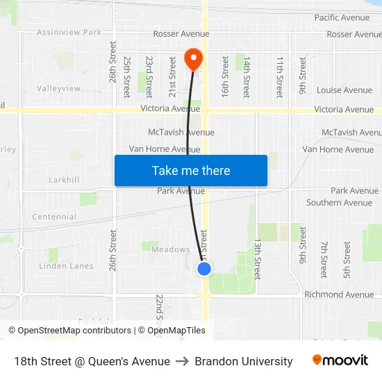 18th Street @ Queen's Avenue to Brandon University map