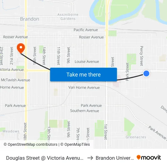 Douglas Street @ Victoria Avenue East to Brandon University map