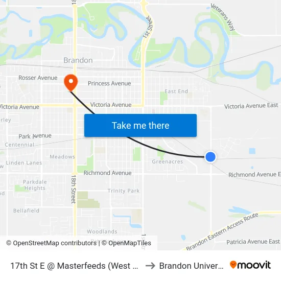 17th St E @ Masterfeeds (West Side) to Brandon University map