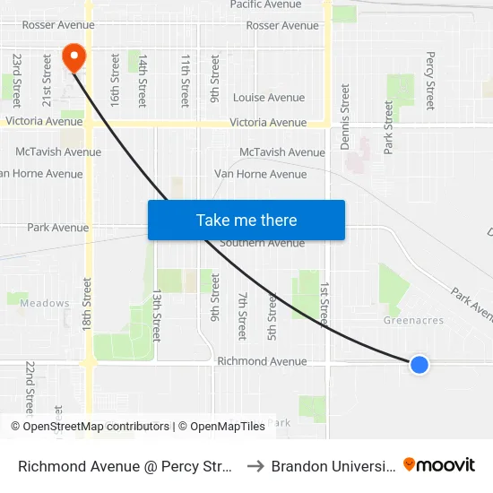 Richmond Avenue @ Percy Street to Brandon University map