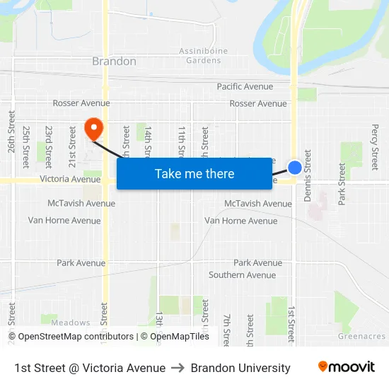 1st Street @ Victoria Avenue to Brandon University map