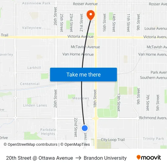 20th Street @ Ottawa Avenue to Brandon University map