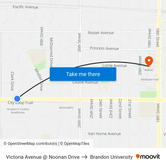 Victoria Avenue @ Noonan Drive to Brandon University map