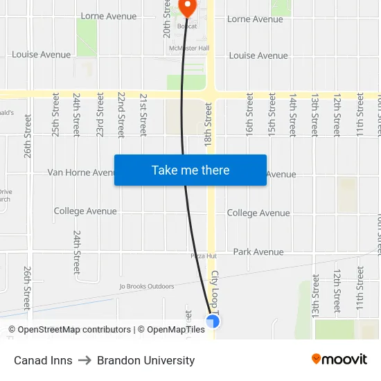 Canad Inns to Brandon University map