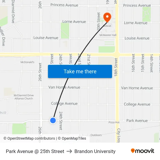 Park Avenue @ 25th Street to Brandon University map