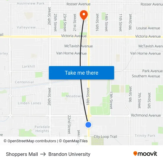 Shoppers Mall to Brandon University map