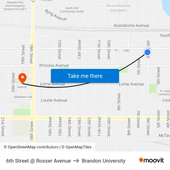 6th Street @ Rosser Avenue to Brandon University map