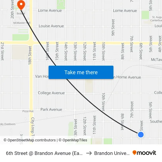 6th Street @ Brandon Avenue (East Side) to Brandon University map