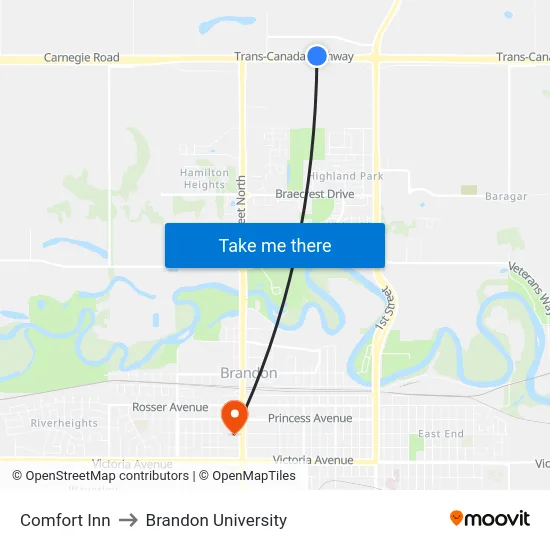 Comfort Inn to Brandon University map