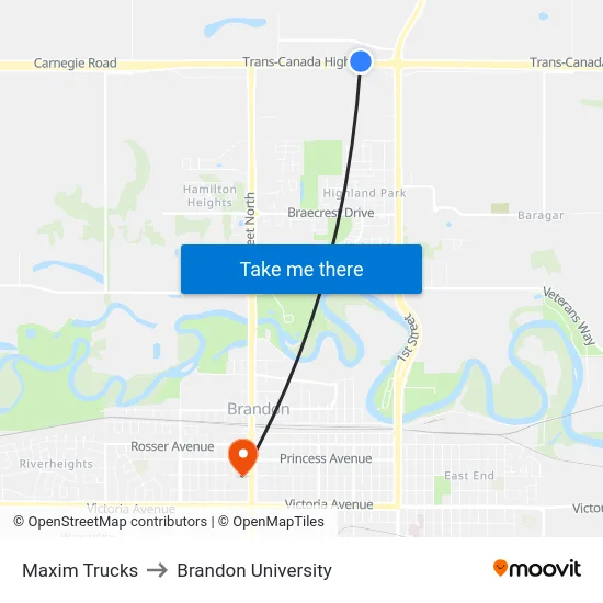 Maxim Trucks to Brandon University map