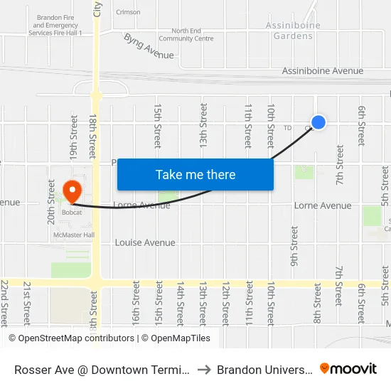 Rosser Ave @ Downtown Terminal to Brandon University map