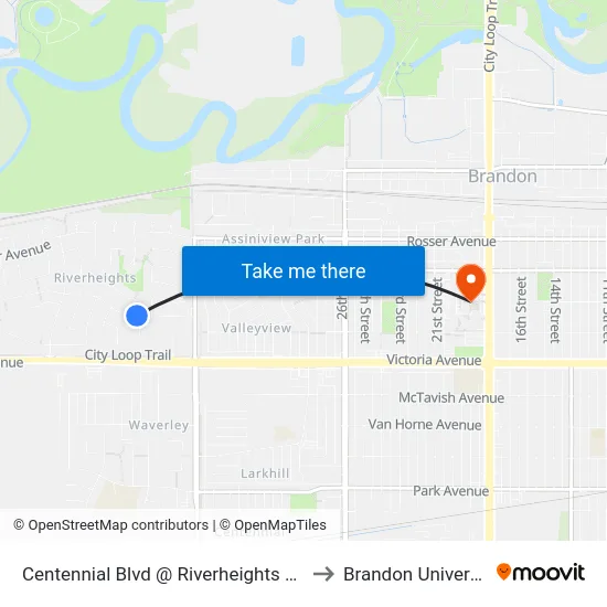 Centennial Blvd @ Riverheights Drive to Brandon University map