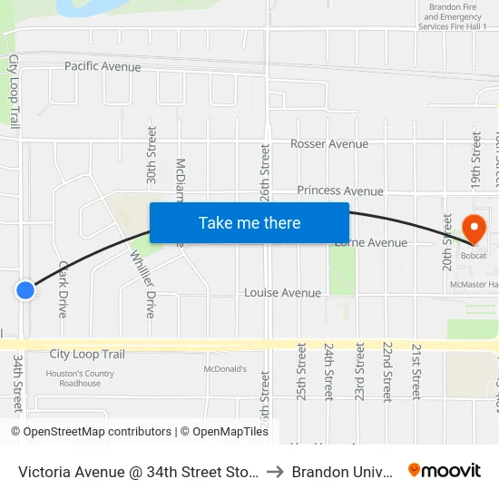 Victoria Avenue @ 34th Street Stop (East) to Brandon University map
