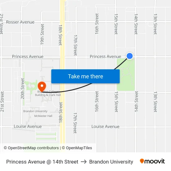 Princess Avenue @ 14th Street to Brandon University map