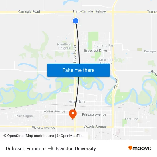 Dufresne Furniture to Brandon University map