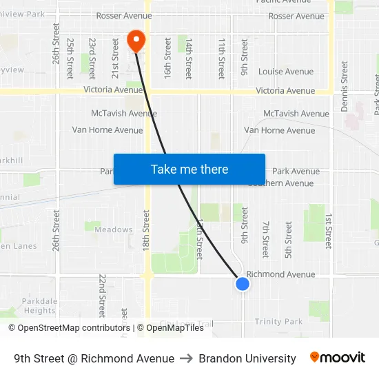 9th Street @ Richmond Avenue to Brandon University map