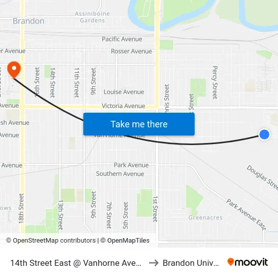 14th Street East @ Vanhorne Avenue East to Brandon University map