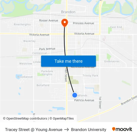Tracey Street @ Young Avenue to Brandon University map