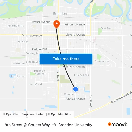 9th Street @ Coulter Way to Brandon University map