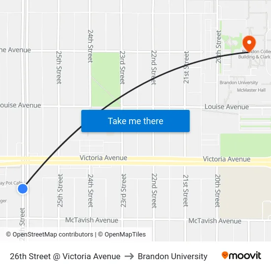 26th Street @ Victoria Avenue to Brandon University map