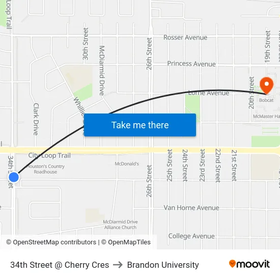 34th Street @ Cherry Cres to Brandon University map
