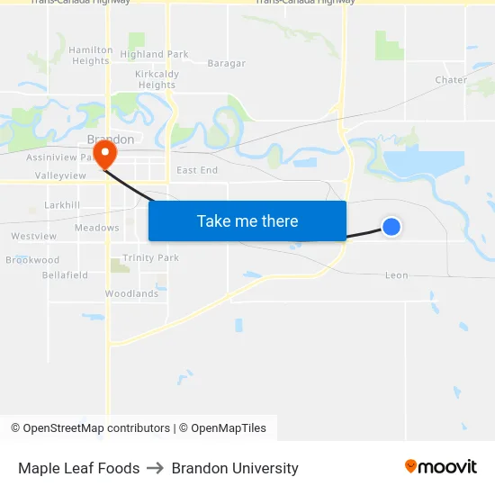 Maple Leaf Foods to Brandon University map