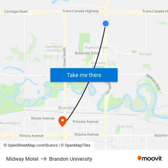 Midway Motel to Brandon University map