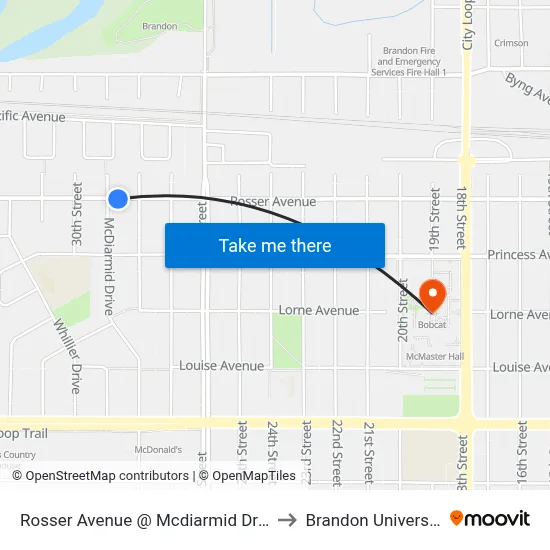 Rosser Avenue @ Mcdiarmid Drive to Brandon University map