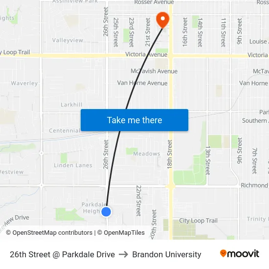 26th Street @ Parkdale Drive to Brandon University map