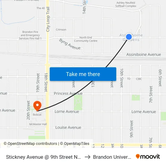 Stickney Avenue @ 9th Street North to Brandon University map