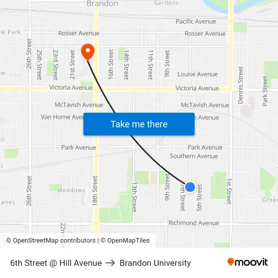 6th Street @ Hill Avenue to Brandon University map