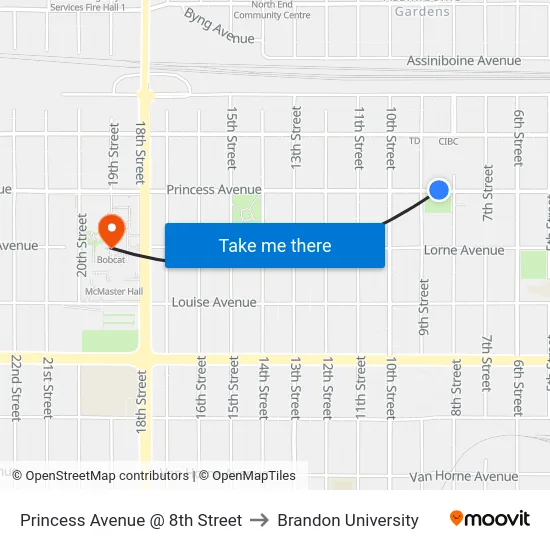 Princess Avenue @ 8th Street to Brandon University map