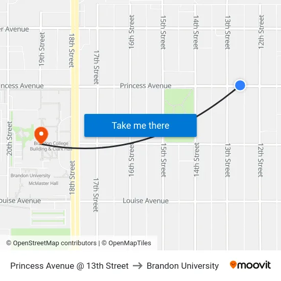 Princess Avenue @ 13th Street to Brandon University map