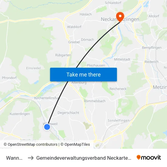 Wannweil to Gemeindeverwaltungsverband Neckartenzlingen map