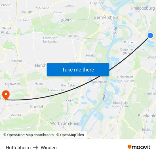 Huttenheim to Winden map