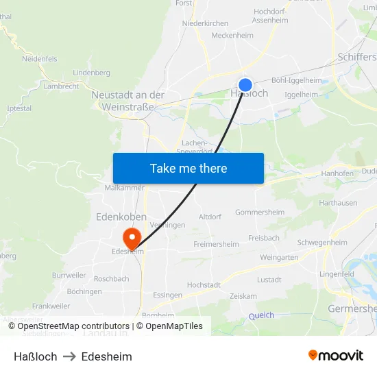 Haßloch to Edesheim map