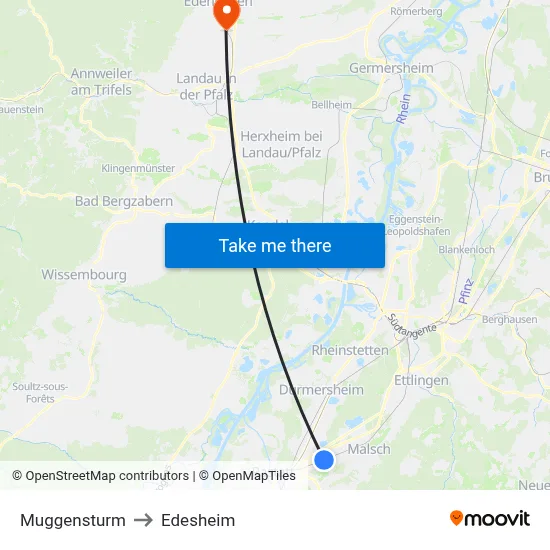 Muggensturm to Edesheim map