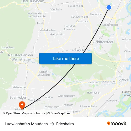 Ludwigshafen-Maudach to Edesheim map
