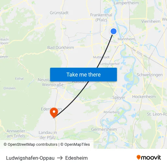 Ludwigshafen-Oppau to Edesheim map