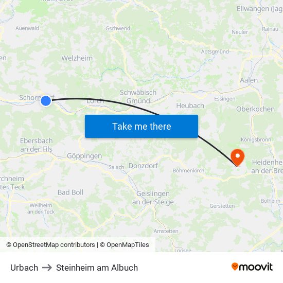 Urbach to Steinheim am Albuch map