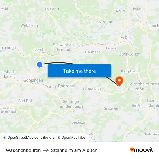 Wäschenbeuren to Steinheim am Albuch map